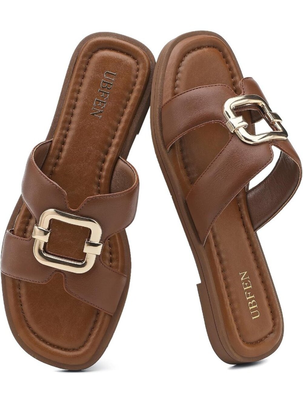 Women's Dark Brown Comfort Cushion Insole Slip On Slides Square Toe Flat Sandals